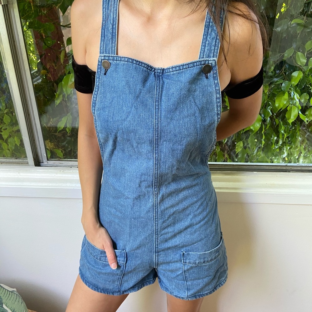 First & I denim dungaree coverall shorts